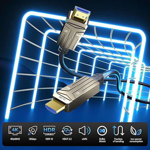 Soonsoonic Fiber Optic HDMI Cable 50ft,18Gbps 4K@60Hz(4:4:4) Unidirectional Active 2.0 Cord,Support HDR10 ARC HDCP 2.2 3D CEC Atmos DTS:X, Ultra high Speed Flexible and Slim（15m）