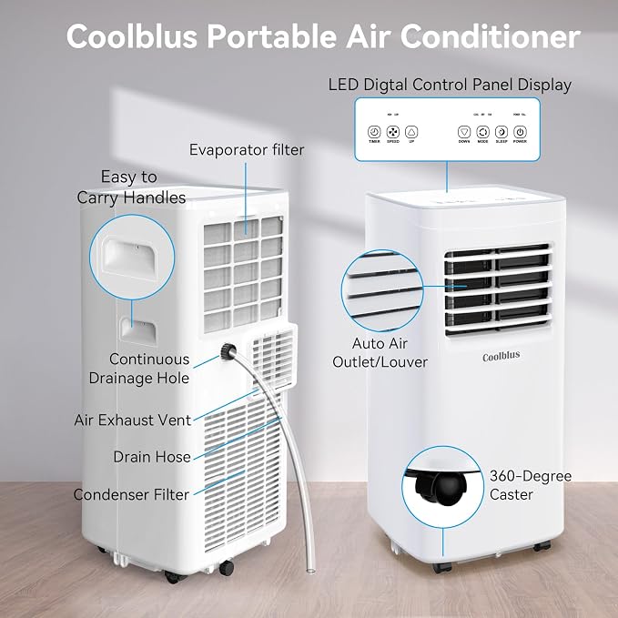 Coolblus 10000 BTU Portable Air Conditioners Cool Up to 450 Sq.Ft, 3-IN-1 Portable AC Unit with Remote Control/LED Display/Installation Kits & Screwdriver/24Hrs Timer for Home/Office, White-10000BTU