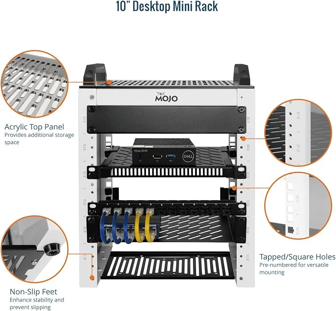 Tecmojo 6U Network Rack, 10 inch Mini Server Rack with 2 Side Translucent Panels & 2 Top Handles, 7.87 inch Deep, for 10 inch IT Equipment & A/V Devices, White
