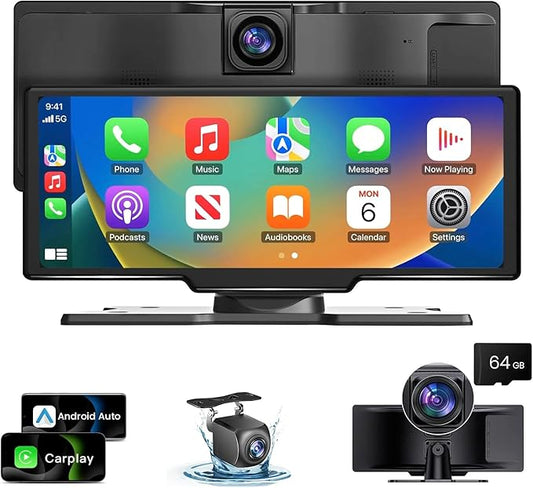 10.26 inch Wireless CarPlay Touchscreen for Car: 4K Dash Cam Car Play Screen with Carplay & Android Auto Portable Car Stereo 1080p Backup Camera GPS Navigation Bluetooth Mirror Link