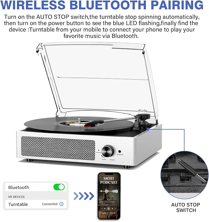 Vinyl Record Player with 2 Stereo Speakers Belt-Driven Vintage Turntables 3 Speed 3 Size Wireless Bluetooth Playback AUX-in RCA Out Headphone LP Vinyl Players Auto Stop Pale Silver
