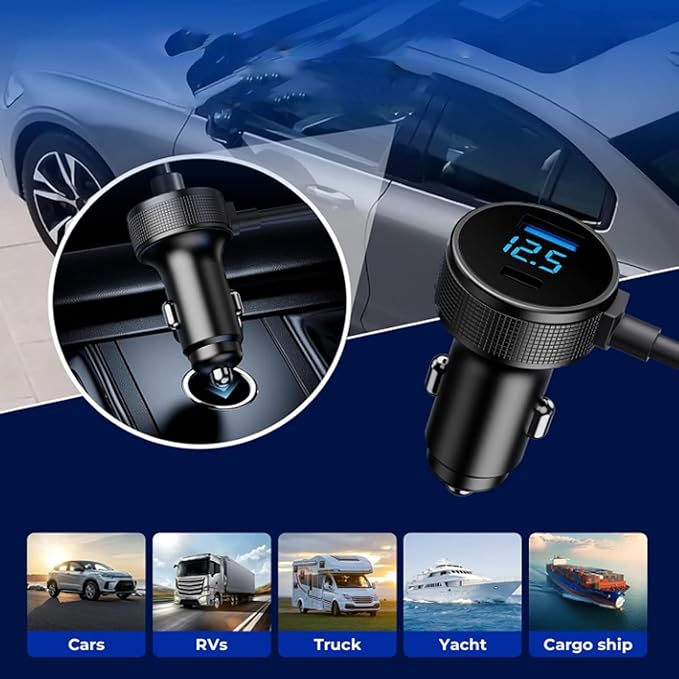 3 in 1 Satellite Car Charger DC Power Cable, 12V-48V Car Charger with Cigarette Lighter Adapter, Digital Display USB C PD 140W & USB A 35W Ports for Trucks Cars (10FT/)