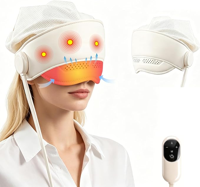 Electric Head Massager for Headaches，Electric Rechargeable Head and Eye Massage Tool with 3 Heat Levels，6-Zone Kneading Temple Massager, Migraine Relief Massager for Forehead，4 Massage Modes (White)