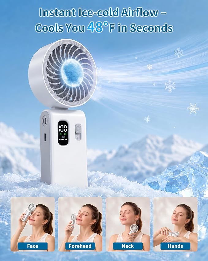 Portable Handheld Fan with Ice Cooling, 100 Speed Rechargeable Mini Desk Fan, Up to 12Hrs Cooling, Powerful Folding Personal Fan for Travel, Camping, Office (White)