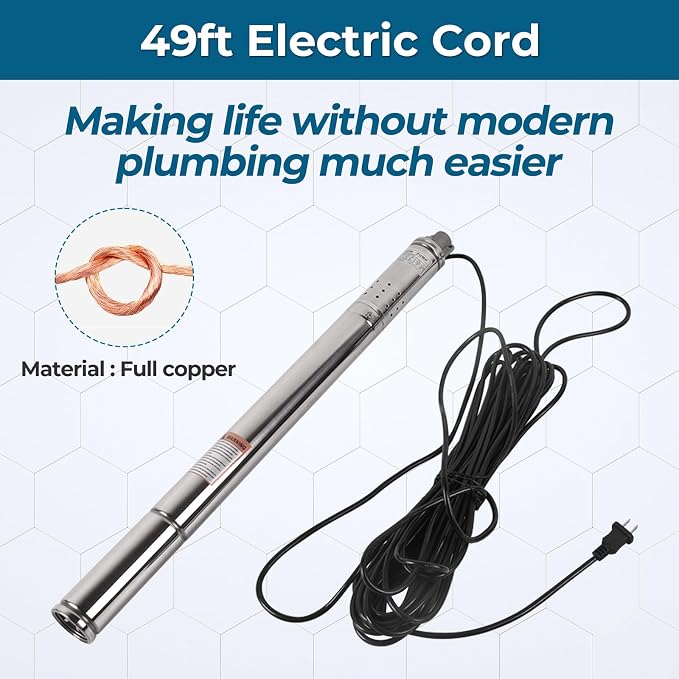0.75HP Deep Well Pump, 220V/60Hz, 4.8GPM, 206ft Head Submersible Well Pumps with 49ft Electric Cord, 2.6" Stainless Steel Deep Well Water Pumps for Industrial, Irrigation & Home Use
