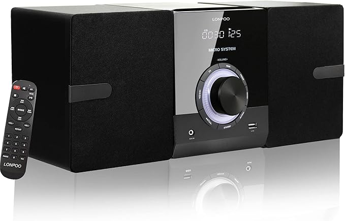 Compact Stereo System Speakers with CD Player, Bluetooth, FM Radio, Aux-in, USB-in, Earphone Jack, DSP-Tech, Remote, 30W Crisp-Sound Shelf Stereo System for Home (LP-886)
