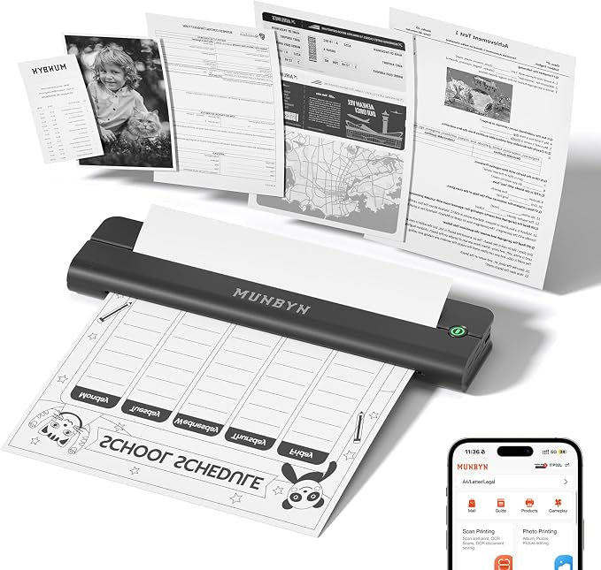 MUNBYN Portable Printer Wireless for Travel, Small Bluetooth Inkless Thermal Printer Support 8.5 x 11 US Letter & A4, Compatible with Laptop, macOS,Windows, Android & iOS for Car,Home Office & School