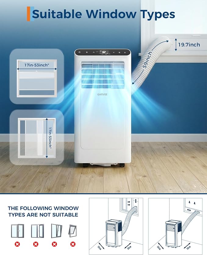 Garvee 10000BTUs Portable Air Conditioner for 450 Sq.Ft Max.Portable AC Unitwith Dehumidifier, Fan, Sleep, 24H Timer&Installation Kit, DOE Certified, Ceer 6.6,48dB,Remote Control,White