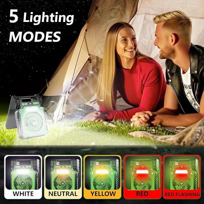 Solar Powered Rechargeable Fan with Light - 3 Speed Portable USB-C Hanger Camping Fan, Power Outage for Home and Kitchen Emergency, Outdoor Tent Fan for Picnic, BBQ and Travel