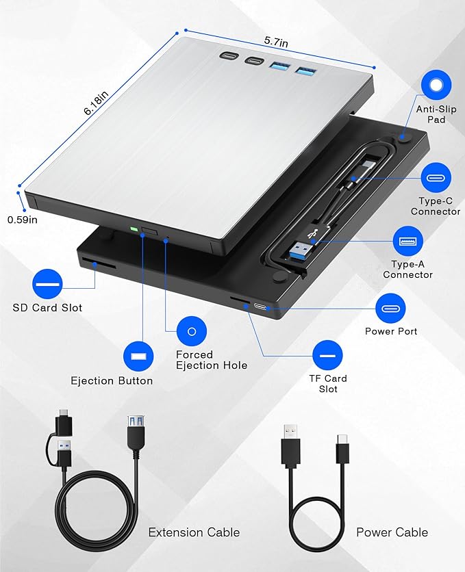 External Blu ray Drive for Laptop Blu Ray Burner External Blueray/dvd Drive for PC USB 3.0 Type-C Support 100G BD Disc Drives Portable Bluray DVD Player CD Reader Compatible with Windows Linux Mac OS
