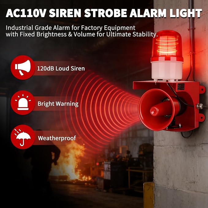 AC110V Industrial Siren Alarm Strobe Light-120dB Loud Horn&Red Beacon Warning Light,Waterproof Indoor/Outdoor Safety Alarm for Emergency,Factory,Office,Fires,Tornado,Intruders,Animal Deterrent