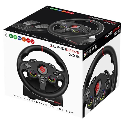 SUBSONIC Superdrive 220RS Racing Wheel Switch 2/Switch PS4 PC Xbox series | Steering Wheel with Dual Joysticks for GTA 6 & Famring simulator- LED - Vibration - Diameter 22 cm, Rotation 180° - Pedals