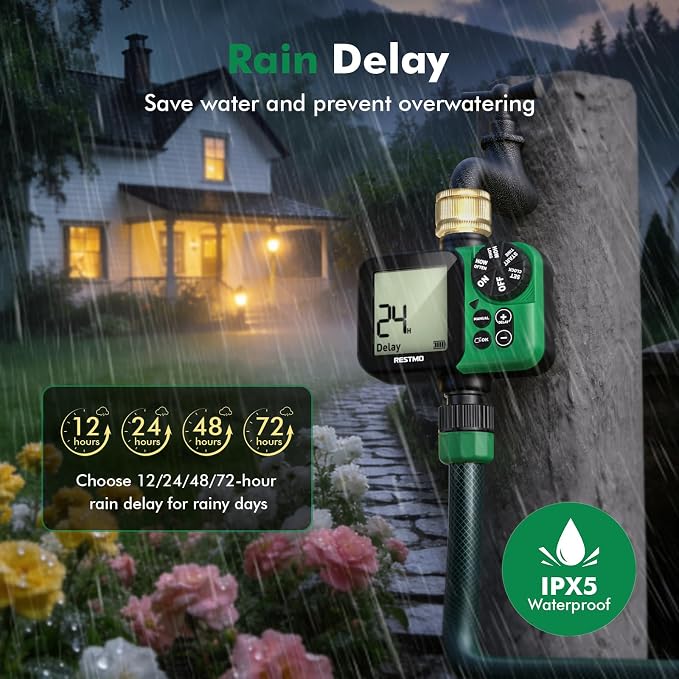 RESTMO Oversized LCD Sprinkler Timer for Outdoor Hose Faucet, Up to 11h59m Programmable Watering Timer for Soaker Hose, Filling, Misting with Brass Inlet, Rain Delay/Manual/Automatic Irrigation System