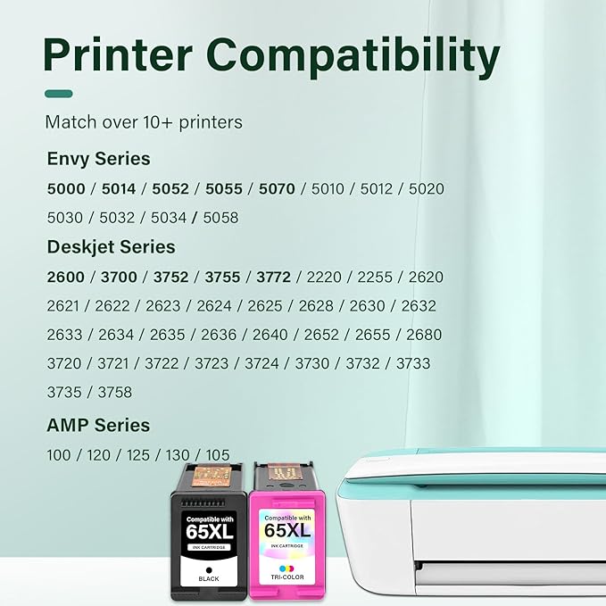 65XL 65 Ink Cartridges Black/Color Combo Pack DeskJet 3755 Envy 5055 Replacement for HP65 XL Black and Color for HP Envy 5052 5000 DeskJet 3772 3700 2600 3752 Printer (Black Tri-Color)