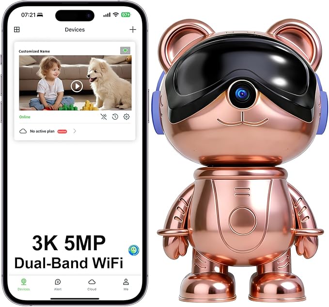 Cute Bear 3K Security Camera – Indoor WiFi Baby Monitor & Pet Camera with AI Motion Tracking & Auto-Follow, 5MP Pan/Tilt, Anti-Glare IR Night Vision, Privacy Mode, Works with Alexa & Google Home（TDB5）