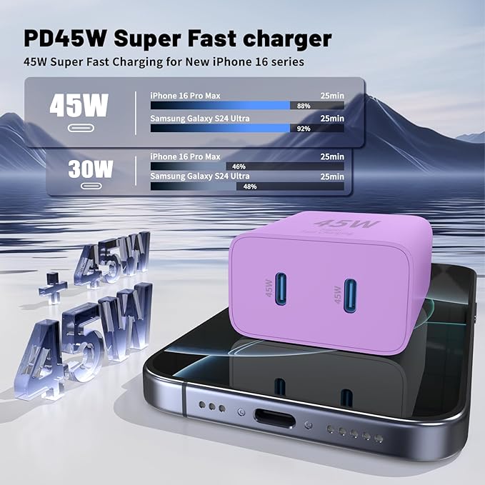 QZIIW iPhone 16 15 Pro Max Charger Fast Charging,45W Dual Port USB C Fast Charger Block [2-Pack] & Extra Long 60W 3/6/10/10FT USB C Cable - PD Quick Adapter 3.0 for iPhone 16 15/16 15Pro/16 15 Plus.