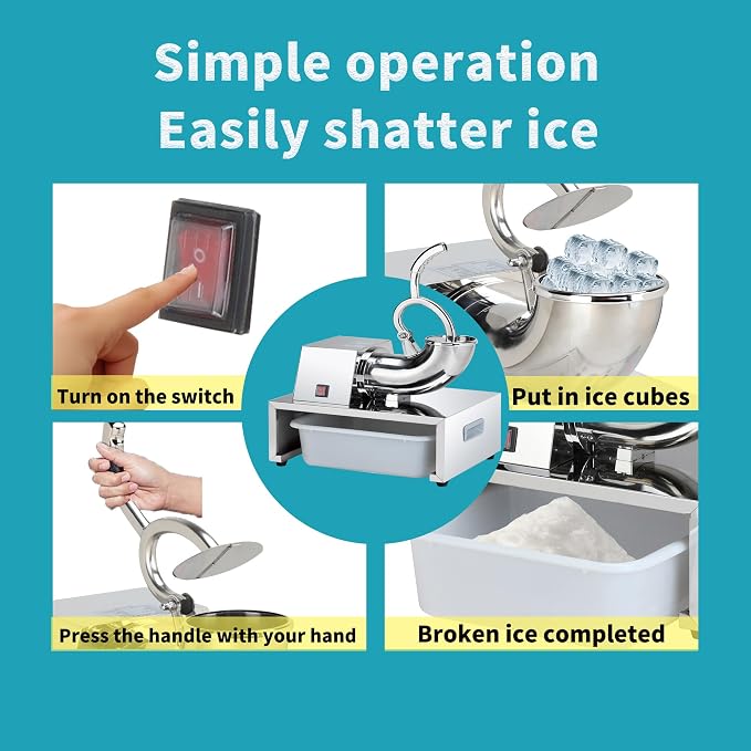 SNICE Electric Stainless Steel Snowflake Ice Shaver Machine For Bar,Kitchen,Seafood,Cold drink Heavy-Duty Snow Cone Machine Ice Crusher Machine Double Blade, Shaved Ice For Summer