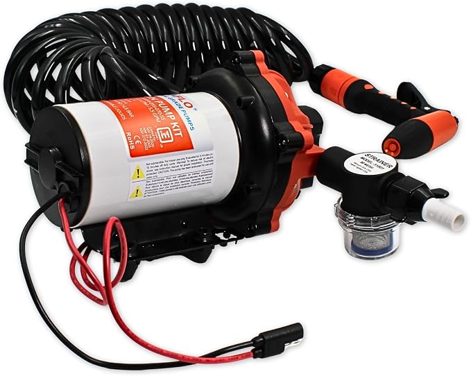 SEAFLO 55-Series Washdown Pump Kit - 12V DC, 5.5 GPM, 70 PSI, Self-Priming, Coiled Hose, Spray Nozzle, High Flow for RV, Boat, Off-Grid, Freshwater, and Saltwater Applications 4-Year Warranty
