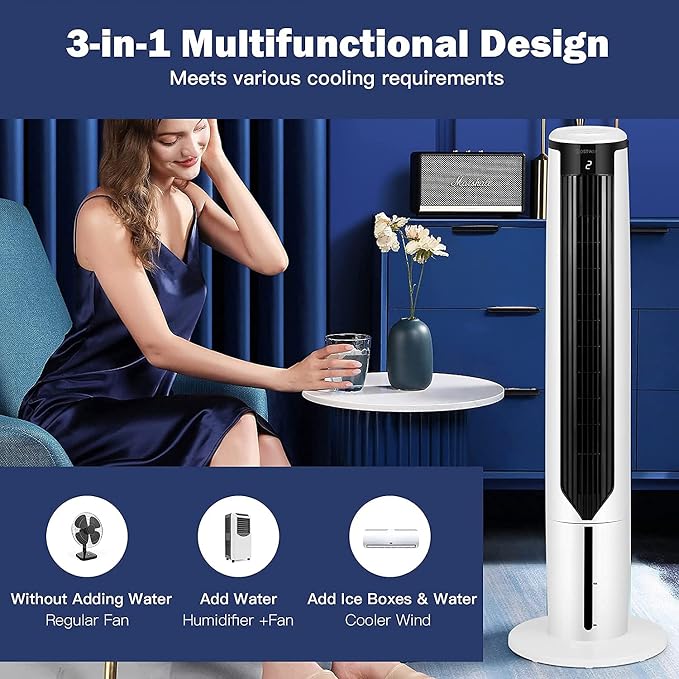 Hysache 3-in-1 Evaporative Air Cooler Humidifier, Portable Bladeless Tower Fan with 9H Time, 3 Modes and 3 Speeds, Remote Control, Display, LED, Ideal for Bedroom, Living Room, Office, White
