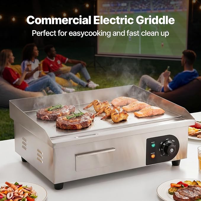 VEVOR Commercial Electric Griddle, 22", 1600W Countertop Flat Top Griddle, Stainless Steel Teppanyaki Grill w/Iron Cooking Plate, 122-572℉ Adjustable Temp Control 2 Shovels & Brushes, 110V