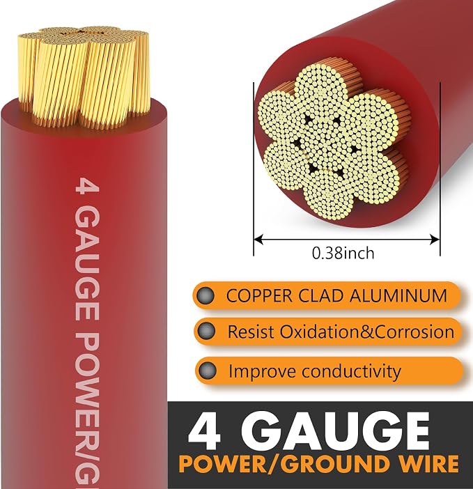Jeemiter 4 Gauge Red CCA Copper Clad Aluminum Wire (50FT) - Primary Automotive Wire,Car Amplifier Power/Ground Cable,Battery Cable with Lugs & Heat Shrink Tube for Car Audio Speaker,Solar,RV,Auto