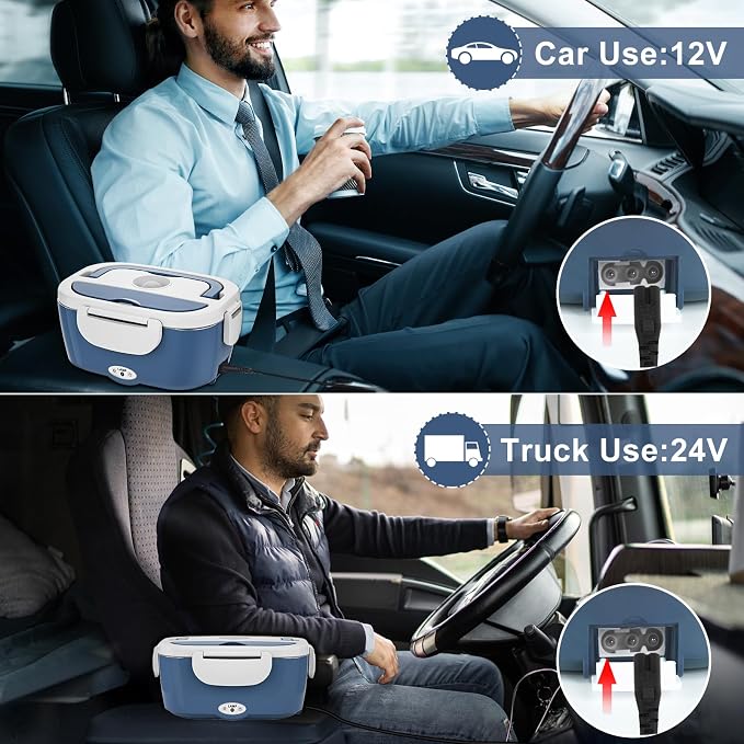 Akhia Electric Lunch Box for Adults, 80W Rapid Heated Lunch Box for Car/Truck/Office/Travel with 1.5L Stainless Steel Container Fork & Spoon & Insulated Bag, 12V/24V/110V