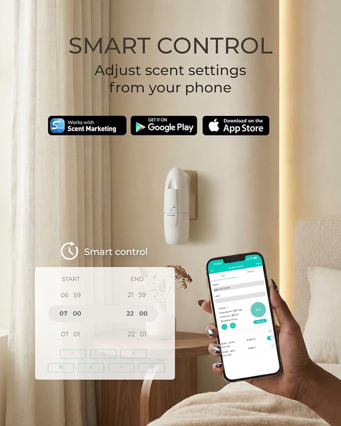 Smart Plug-in Waterless Oil Diffuser, Bluetooth/App Control, Up to 800 Sq Ft Coverage, Silent Cold-Air Diffuser for Home & Office, No Water, Pet & Kid Safe