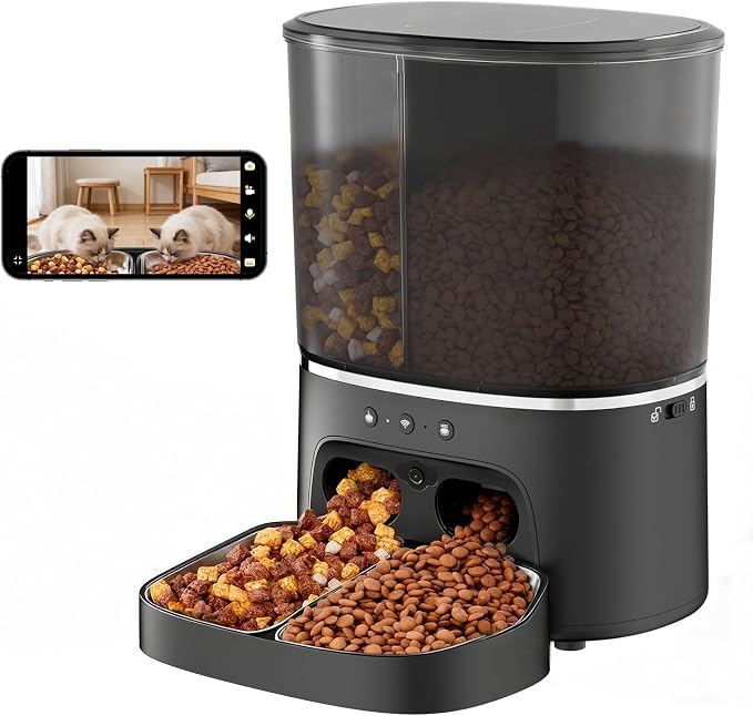 Automatic Cat Feeder 5G/2.4GHz Dual-Band WiFi Built-in HD Camera & Night Vision Two-Way Audio Calling APP Remote Control | Up to 10 Timed Feedings Per Day 8L Capacity Washable Parts (Black)