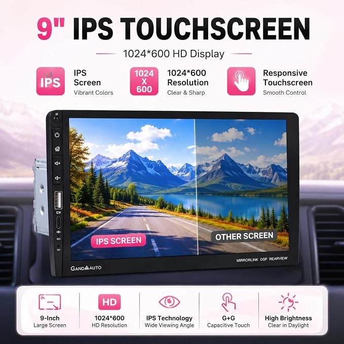 9 Inch Single DIN Car Stereo with Wireless Apple CarPlay Android Auto, Car Radio, 9" IPS Capacitance Touchscreen, Bluetooth 5.2, FM Receiver, Backup Camera,USB/Type-C, subwoofer, Apple Car Play