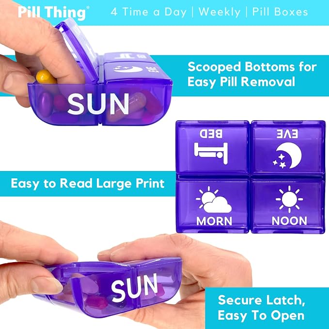 4 Times a Day, 7 Day Large Weekly Pill Organizer with Holder Tray, Vitamin, Medicine Box, Multicolor with Medical Alert Card (4X a Day - 2 Pack)