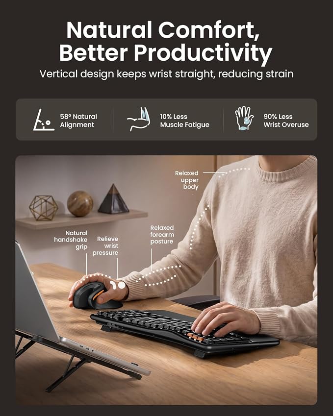 ProtoArc EKM02 Wave Keys Ergonomic Wireless Keyboard and Mouse, Bluetooth Keyboard with EM11 NL Ergonomic Vertical Mouse, Cushioned Palm Rest, Multi-Device, Rechargeable, for Windows, Mac - Black