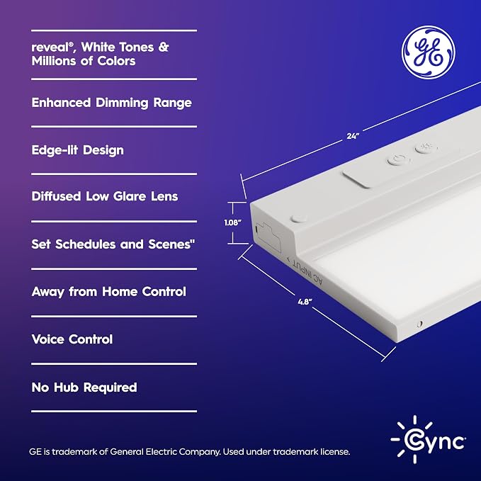 Cync GE Reveal HD+ Smart LED Undercabinet Bar Light, 24in, Color Changing & Tunable White 2000K to 7000K, Wi-Fi, Works with Alexa & Google Home, Plug-in or Direct Wire, No Hub Required