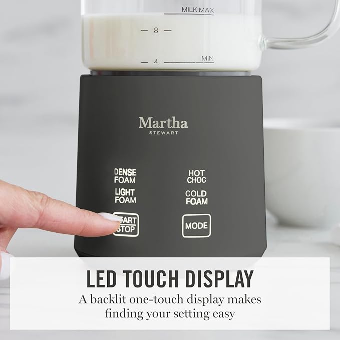 Martha Stewart Milk Frother and Steamer, 10oz/300ml Glass Cup, 4 Presets (Cold Foam, Light, Dense & Hot Chocolate), Ready in 90 Seconds, Cordless Pouring, One-Touch for Hot and Cold Milk, Caviar Gray
