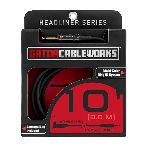 Cableworks By Gator Cases Headliner Series Premium 10 Ft Straight to Right Angle Guitar Instrument Cable (GCWH-INS-10RA)