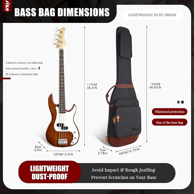 Bass Guitar Bag 0.5 Inch Padding Bass Guitar Case, Bass Electric Guitar Gig Bag Backpack with Neck Strap and 4 Pockets, Black
