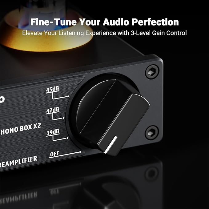 Fosi Audio Box X2 Phono Preamp, Mini Stereo Audio Hi-Fi Preamplifier with Gain Gear, Pre-Amplifier for MM Turntable Phonograph and Record Player, with DC 12V Power Supply