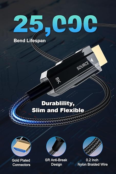 8K Long HDMI 2.1 Cable 66ft, Fiber Optic HDMI Braided Cord, High Speed Active HDMI Cable, 48Gbps, 8K@60Hz 4K@120Hz, Dynamic HDR, Dolby, HDCP 2.2&2.3, 3D, for HDTV Monitor Game Laptop Home Theatre