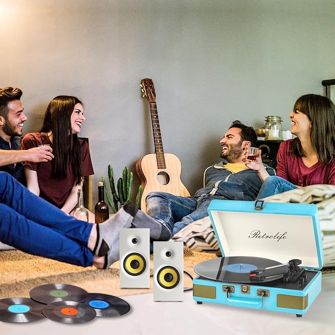 Record Player 3 Speed Bluetooth Portable Suitcase Vinyl Player with Built-in Speakers Turntable Enhanced Audio Sound PU Leather Vintage