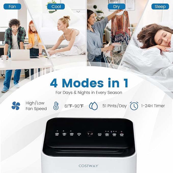 COSTWAY Portable Air Conditioner, 10000 BTU AC Unit with Cool, Fan, Dehumidifier & Sleep Mode for Rooms up to 350 Sq.Ft, with 24H Timer, Child Lock, Remote Control & Window Kit (White and Black)