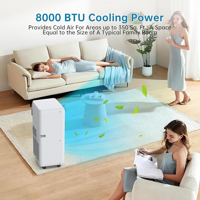 8000 BTU Portable Air Conditioners - 3 in-1 AC Unit for 350 Sq.Ft Rooms with Dehumidifier, Timer, Remote & LED Display