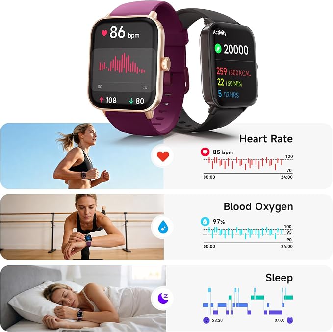 Smart Watch for Women Men,1.85 inch AMOLED Touchscreen for Android & iPhone,Fitness Watch 110+ Sport Modes Heart Rate/Sp02/Sleep/Calories Monitor IP68 Waterproof,Bluetooth Calls (Purple, 1.7)