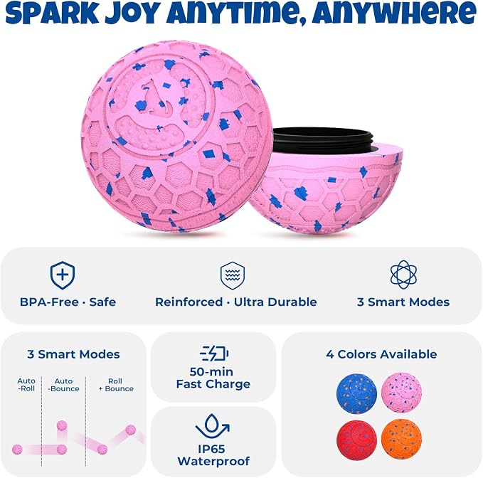 Fsitego Interactive Dog Ball Toys, Automatic Moving Bouncing, Rotating Smart Dog Toy for Small, Medium, Large to Keep Them Busy, Durable E-TPU Material & IP65 Waterproof, 5H Continuous Use(Pink)