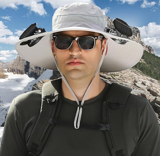 Solar Powered Fan Hat for Men Women - Wide Brim Cooling Hat with 2 USB/Solar Charging Fans, Solar Fan hat - UPF50+ Sun Hat