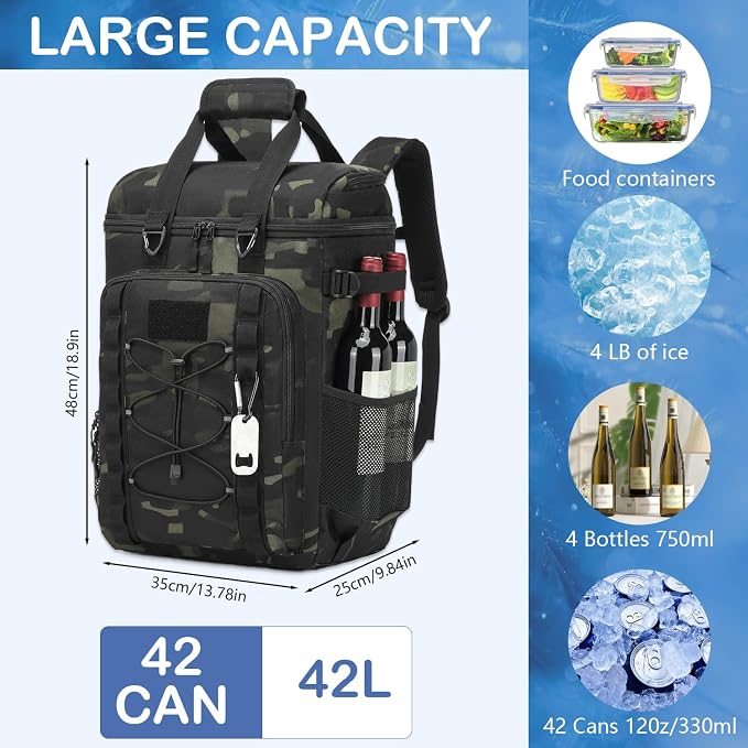 Tactical Cooler Backpack - 42 Cans Backpack Coolers Insulated Leak Proof for Men & Women, Soft Cooler Insulated Backpack for Lunch, Work, Camping, Hiking, Picnic, Beach & Travel