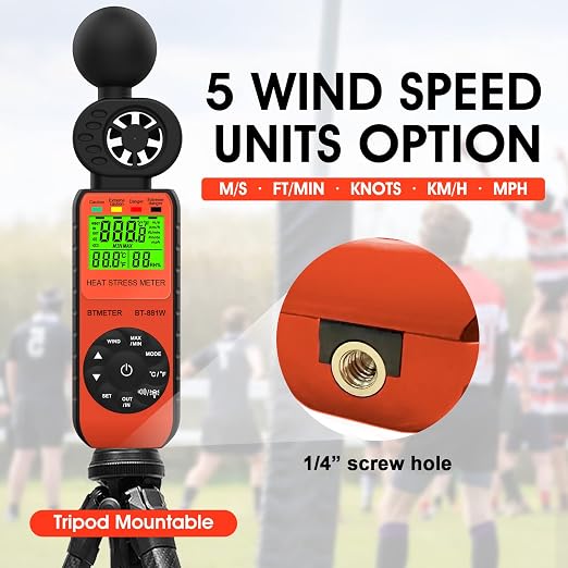 BTMETER BT-881W Heat Stress Meter Anemometer, Digital Indoor/Outdoor WBGT (Wet Bulb Globe Temperature) Meter with Wind Speed, Ambient Temp, Humidity Tester