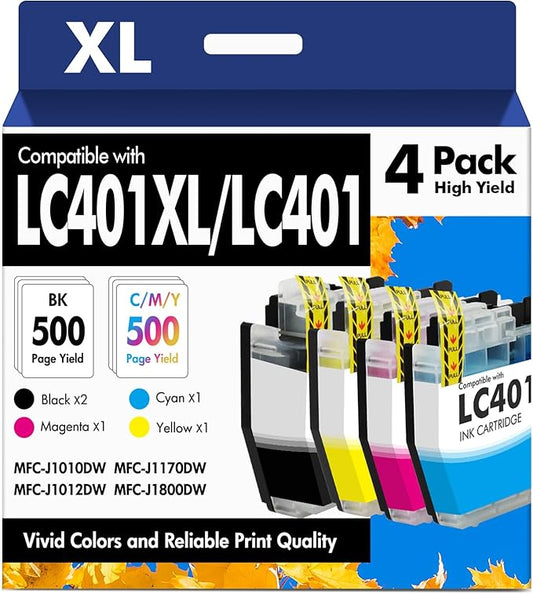 LC401 LC401XL MFC-J1010DW Ink Cartridges for Brother Printer LC 401 401XL for MFC-J1010DW MFC-J1170DW MFC-J1012DW MFC-J1800DW MFC J1010DW - 4 Pack High Yields Black Cyan Magenta Yellow