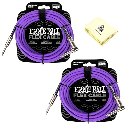Ernie Ball Flex Instrument Cable Straight/Angle - Pack of 2 with Z Polishing Cloth in Purple - 20 Feet