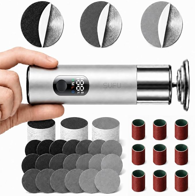 SUFU SUFU 2 in 1 Electric Foot Callus Remover, USB Rechargeable Electric Foot File Grinder with Digital Display, Cordless Aluminum Pedicure Tools for Feet,Nail Care,Dead Skin, Silver