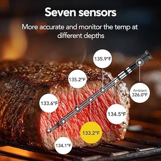 BBQOVN WiFi Sub-1G Wireless Meat Thermometer Unlimited Range 7 NIST Certified Sensors with Ambient Temp 2 Temp Monitoring Ways Digital Smart Base and App for BBQ, Smoker, Grill, Oven (Single Probe)