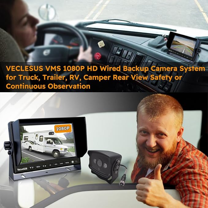 VMS Backup Camera System + VC5 1080P Backup Camera 7" Wide IPS Monitor Night Vision Waterproof 1080P Wired Backup Camera for Trucks, Buses, RVs